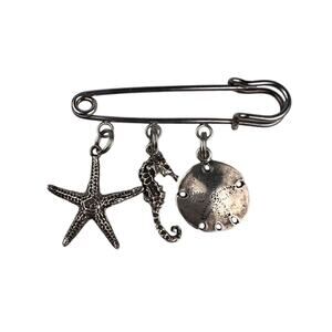 Silver Tone Safety Pin Brooch & 3 Sterling Silver Charms Sand Dollar, Starfish